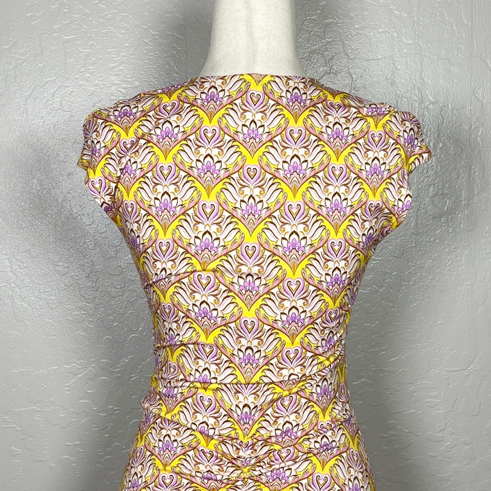 HALE‎ BOB Women Size S Yellow Floral Cap Sleeve V-Neck Gathered Waist Midi Dress - Picture 6 of 9